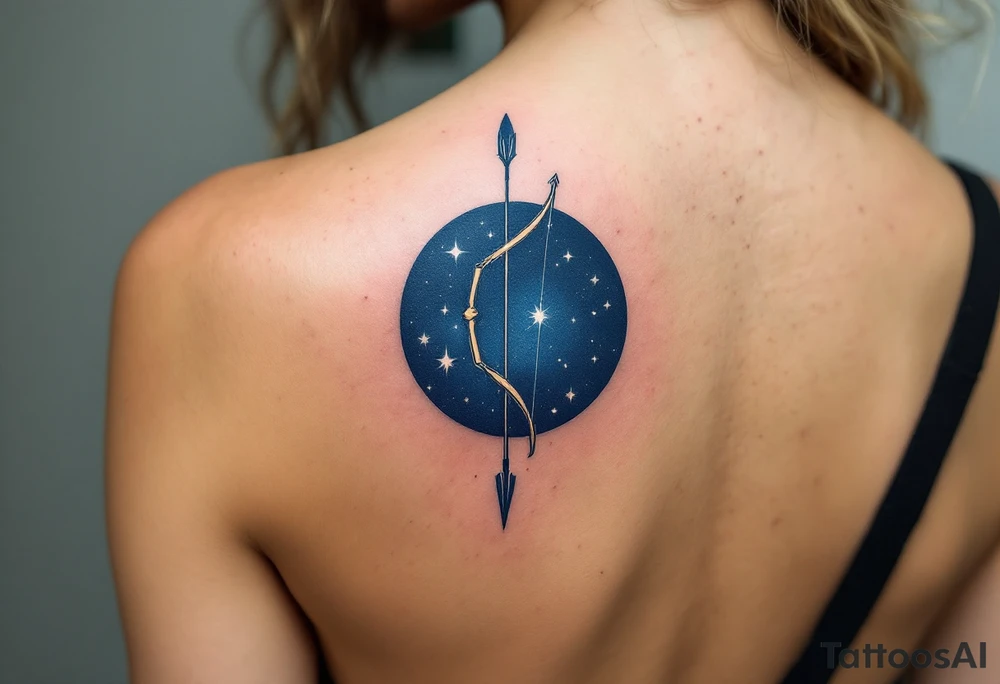 A bow and arrow with the Sagittarius star constellation embedded surrounded by midnight blue. tattoo idea
