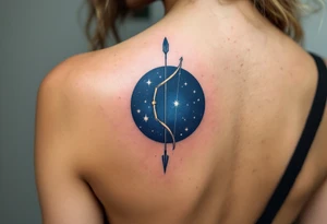 A bow and arrow with the Sagittarius star constellation embedded surrounded by midnight blue. tattoo idea