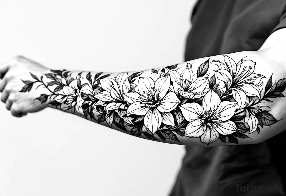 starting from a band mid-forearm, a sleeve of holly flowers and daffodils tattoo idea