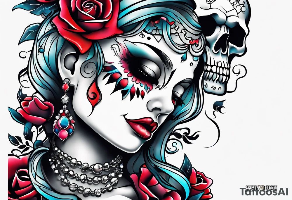 neck tattoo stencil about pain and struggle in new school or polka trash style with funny skulls tattoo idea