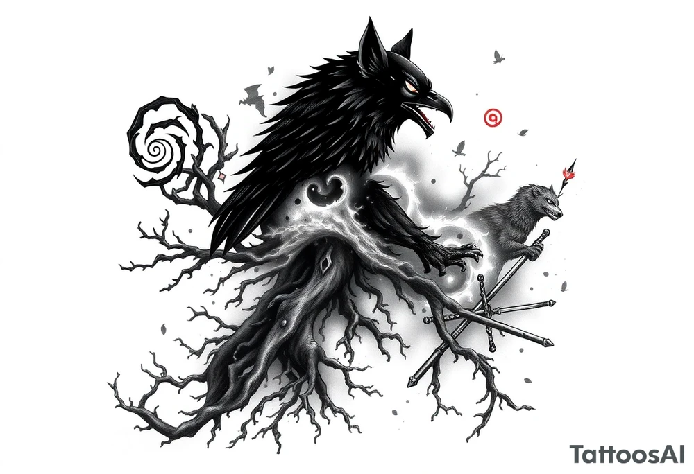 Tattoo sleeve design starting from a black spiral on the left shoulder. Integrate natural elements like twisting roots, forest vines, fog, and flowing water. Blend in mythological features such as Norse runes, a raven, and a shadowy wolf spirit. Add anime components inspired by Naruto and One Piece – including the Sharingan eye, chakra flames, silhouette of Itachi, Kurama’s head, Luffy in Gear 5 pose, and Zoro’s three swords. The design should be artistic and flowing, expanding naturally over the shoulder, upper arm, chest, and back. Use primarily black and grey tones with selective red highlights (e.g. for eyes or chakra energy). Style: mystical, powerful, connected – a fusion of nature, mythology, and anime tattoo idea