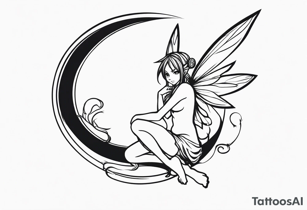 No color sketch of a fairy with a tail inspired by the guild symbol in the anime show called Fairy Tail in a fetal position leaning in and forward while crawled in tattoo idea