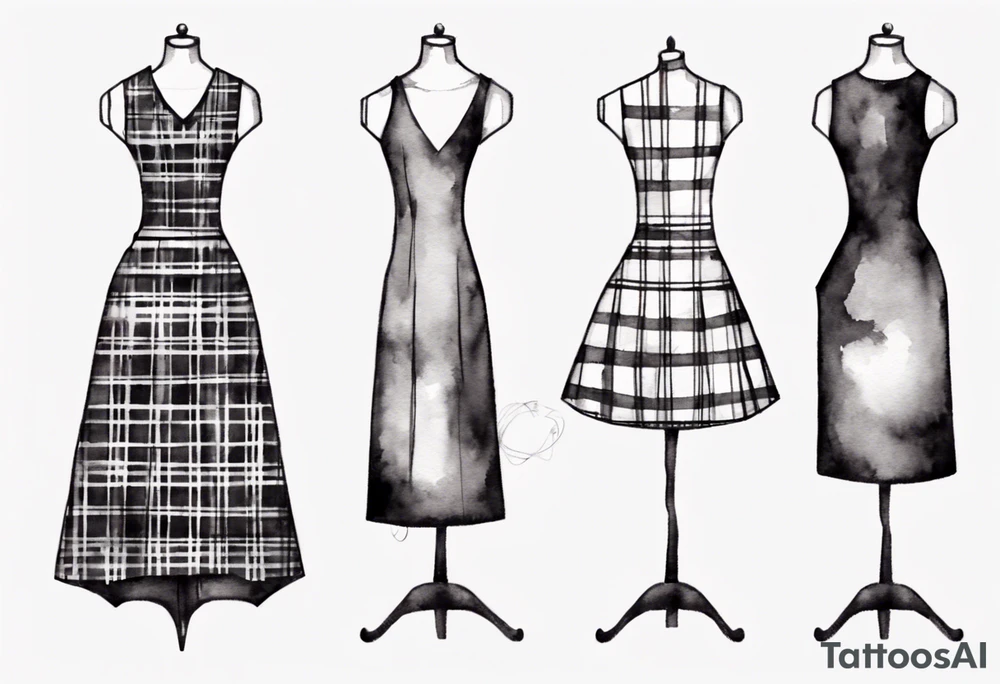Tailor's mannequin with a little girl's plaid dress consisting of skirt and vest on top. Watercolour style tattoo idea