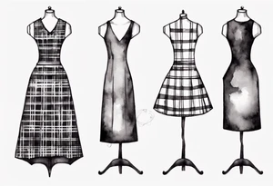 Tailor's mannequin with a little girl's plaid dress consisting of skirt and vest on top. Watercolour style tattoo idea