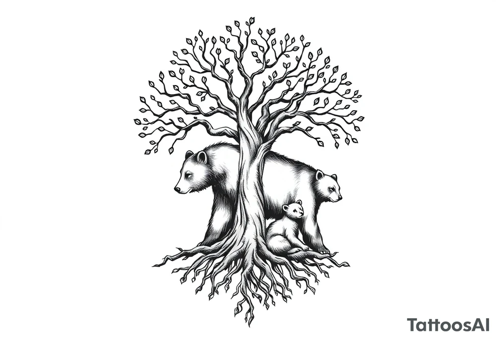 Tree of life with roots and a mother bear with her cub tattoo idea