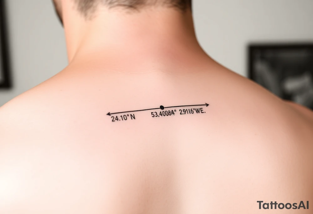 A minimal fine-line tattoo showing a straight thin timeline with two distinct dots. Under the first dot, place the coordinates "24°10′N, 20°16′E" and under the second, "53.4084°N, 2.9916°W". Keep the line and text subtle, clean, and modern. Optional: use tiny circle or dot above each coordinate to show moments in time. tattoo idea