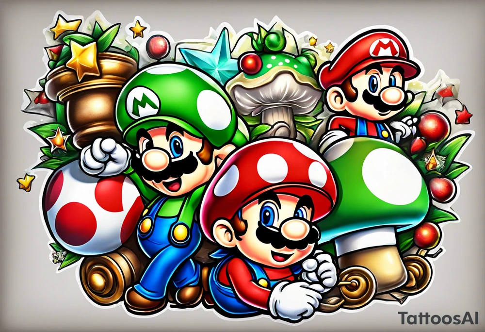 Mario and Luigi with toadstool and cannons and bombs stars tattoo idea