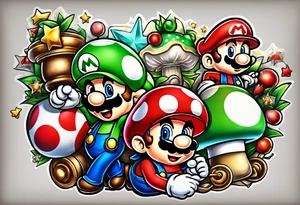 Mario and Luigi with toadstool and cannons and bombs stars tattoo idea