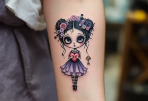 Tim Burton’s Button-Heart Girl – A stitched-up girl with a wind-up key in her back and a heart made of mismatched buttons, wearing a frilly dress in faded lilac and coal black. tattoo idea
