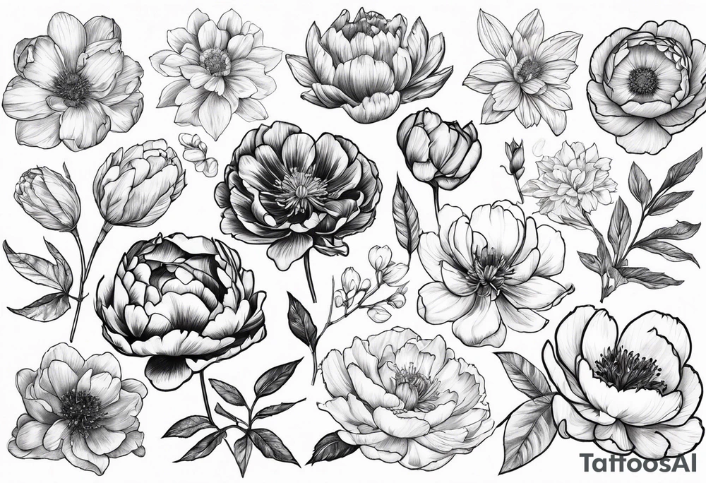 Birth flowers from January, February, September, October and December and peony tattoo idea