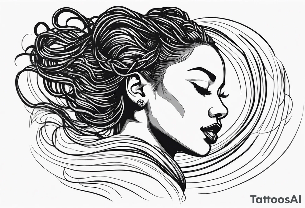 Draw a women head with dread locks flying in the air tattoo idea