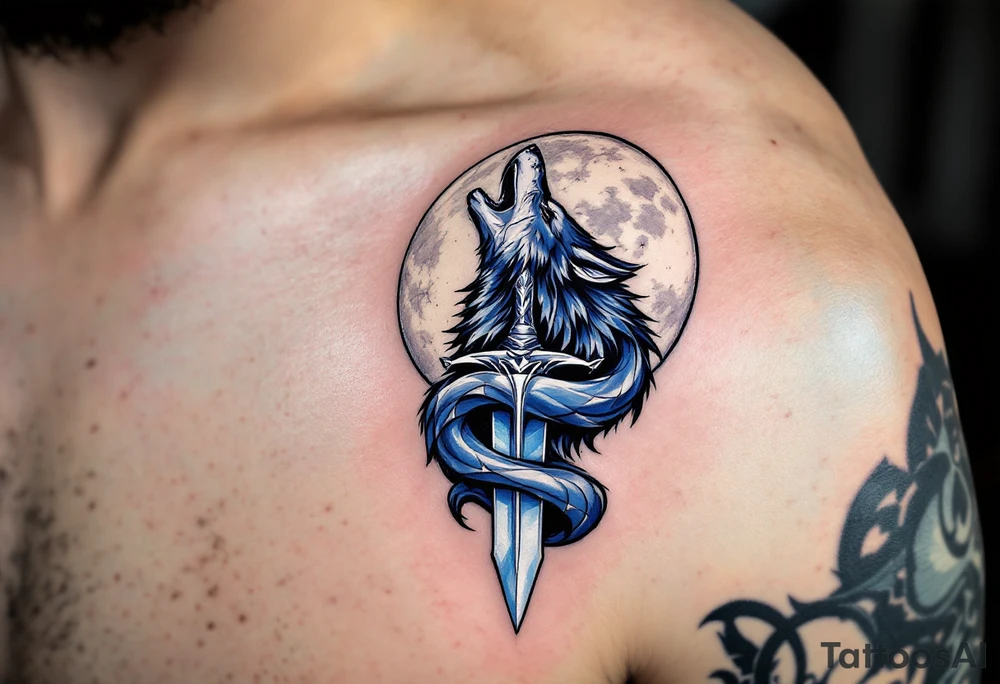 Wolf and Dagger – A dagger with a howling wolf wrapped around the hilt, the wolf in gray with black shading and the dagger in steel blue with silver highlights. The moon behind the wolf is in white with subtle gray shading. tattoo idea