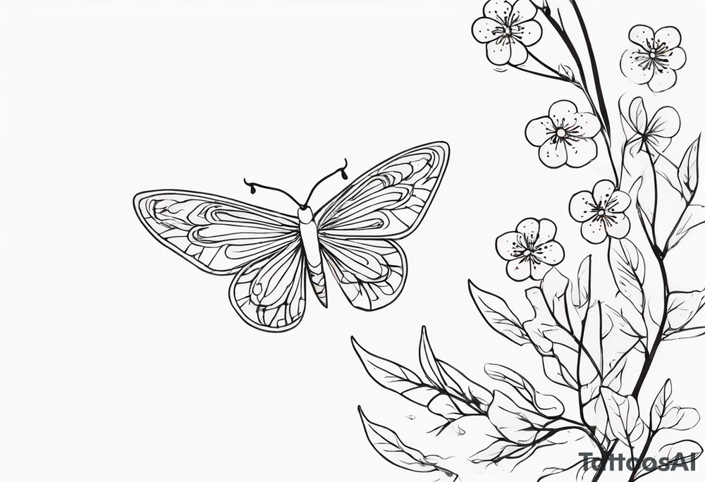 Winding branches and leaves and tiny flowers with a small moth tattoo idea