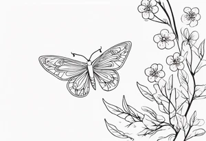Winding branches and leaves and tiny flowers with a small moth tattoo idea