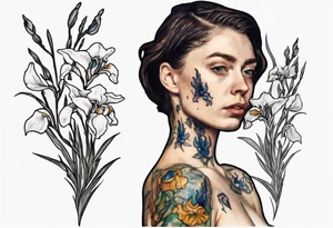 A small condensed tattoo with Van Gogh Irises on the upper left chest of a woman tattoo idea