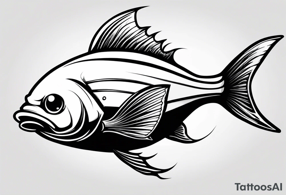 a cartoon fish with sharp, pointed fins and a streamlined body. Its eyes are narrowed with intense, angry brows, and its mouth is twisted into a snarl, showing sharp teeth. The overall appearance is aggressive and intimidating, conveyed through stark black and white contrasts. tattoo idea