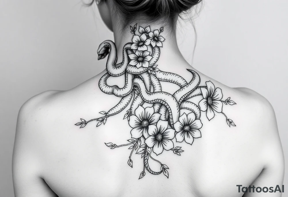 Medusa gangster snakes coming out of hair with flowers and quotes tattoo idea