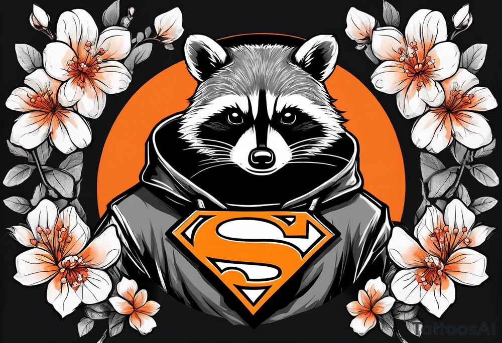 Raccoon wearing a white Superman logo on a black hoodie and orange Japanese cherry blossoms beside tattoo idea
