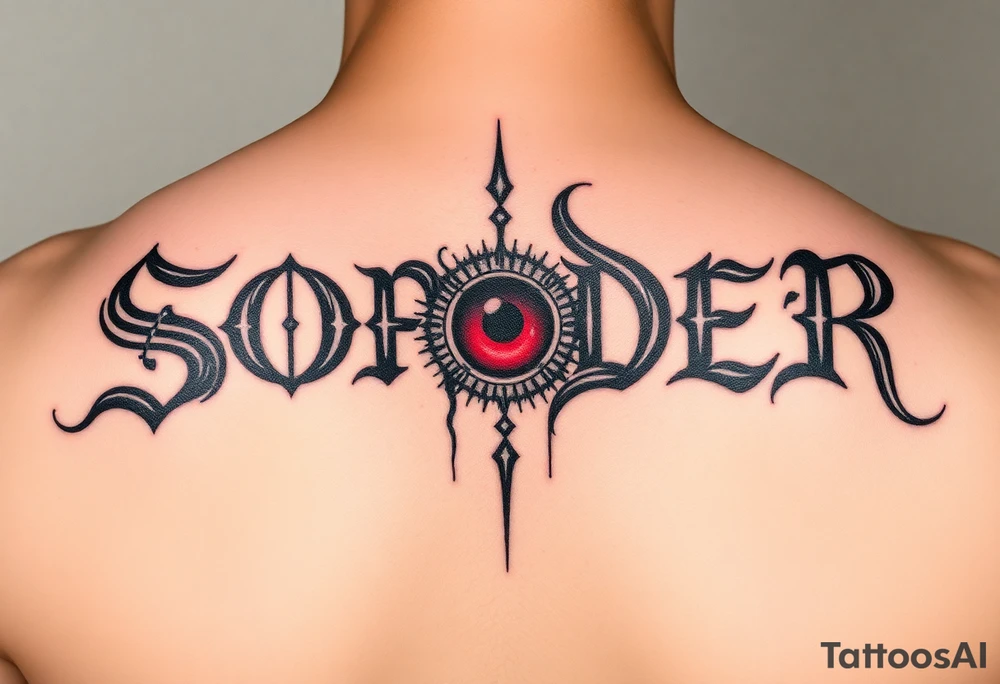 I want the word sonder in vertical form but the letter o swapped with an eye colored red and the word sonder to be in bold black letters tattoo idea