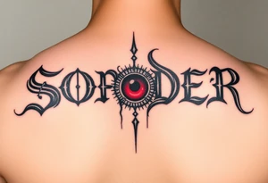 I want the word sonder in vertical form but the letter o swapped with an eye colored red and the word sonder to be in bold black letters tattoo idea