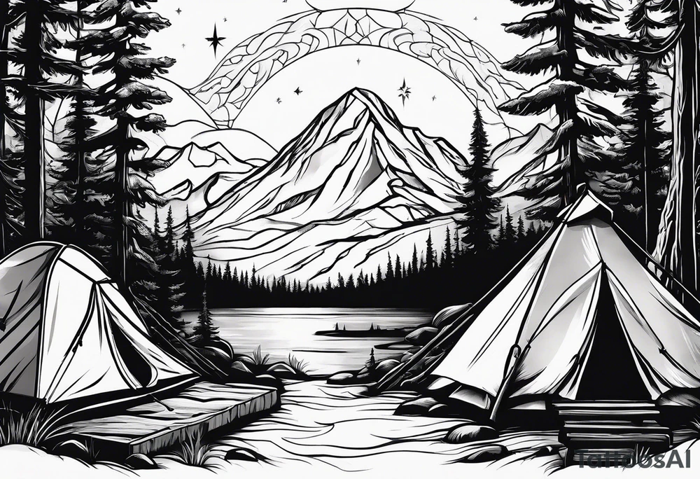 tent and camp fire with stone seating 
forest mountains and the northern lights in the sky tattoo idea