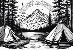 tent and camp fire with stone seating 
forest mountains and the northern lights in the sky tattoo idea