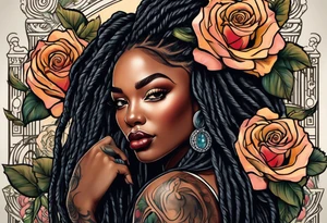 beautiful thick black women with long straight dreadlocks, holding a beautiful single rose,, pastel, old school traditional, tattoo idea