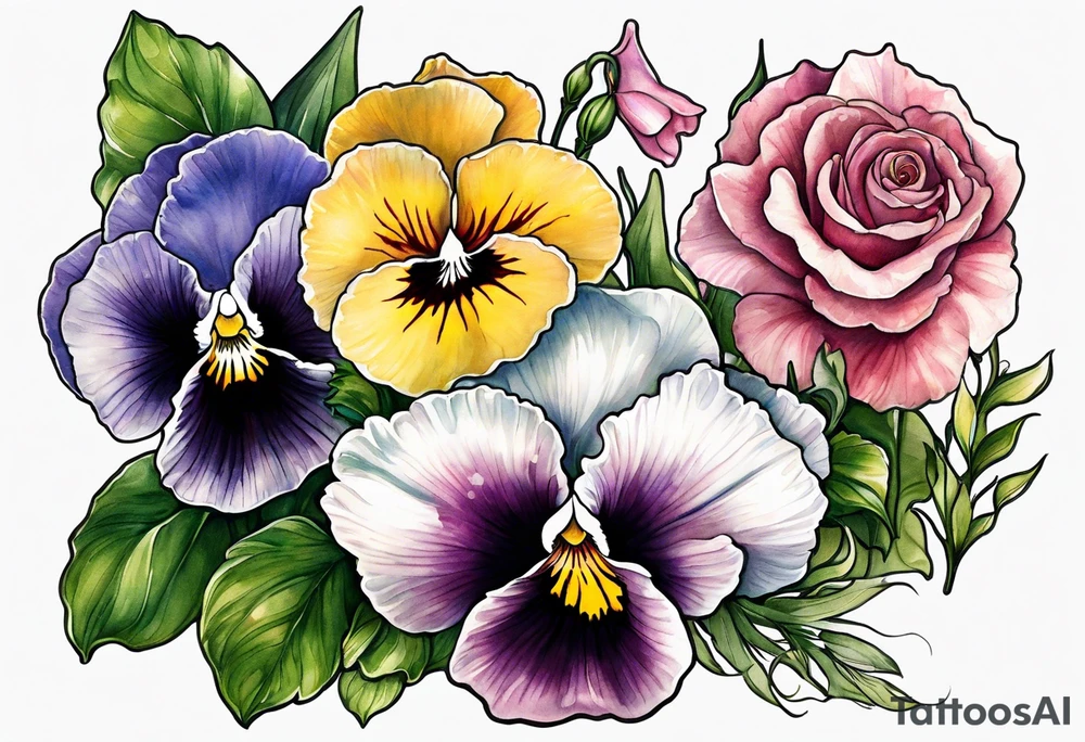 pansies, carnations, orchids, roses, water lillies and foxglove/Lily of the valley. tattoo idea