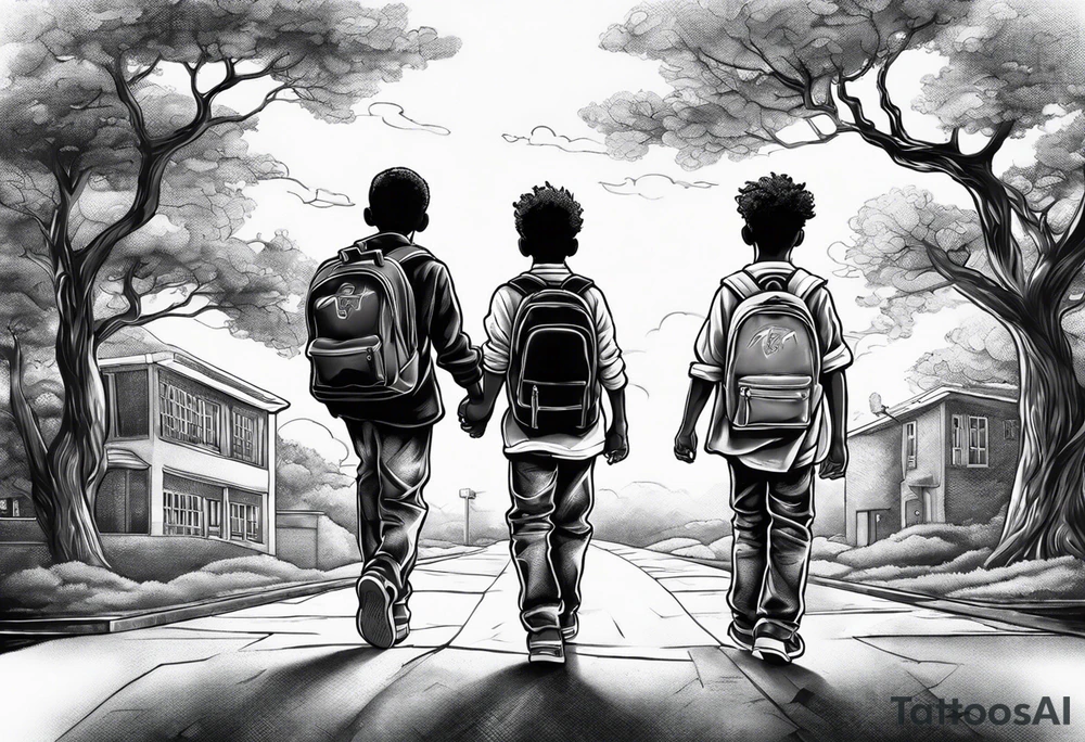 full bodies of 3 black school age boys walking away together and one is looking to the side at the one in the middle tattoo idea