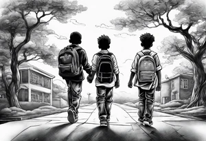 full bodies of 3 black school age boys walking away together and one is looking to the side at the one in the middle tattoo idea