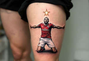 A tattoo of a player mid-slide on his knees after scoring, arms wide, in full red and white uniform with a glowing star above him. tattoo idea