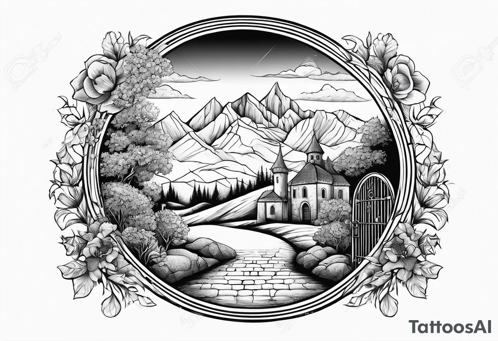 night medieval town mountains garden gate entrance
in circle vignette surrounded by clouds floral tattoo idea