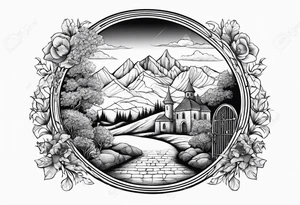 night medieval  town mountains garden gate entrance 
 in circle vignette surrounded by clouds floral tattoo idea