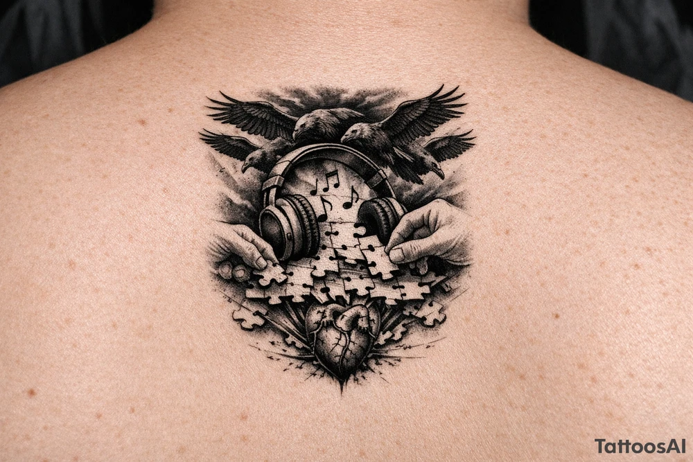 Dark thoughts move like voltures, music helps put my puzzle of life back together before the pressure in my bloodstream explodes tattoo idea