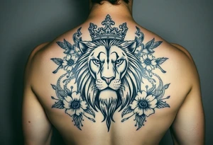 powerful majestic lion with a crown, surrounded by floral ornaments and birds tattoo idea