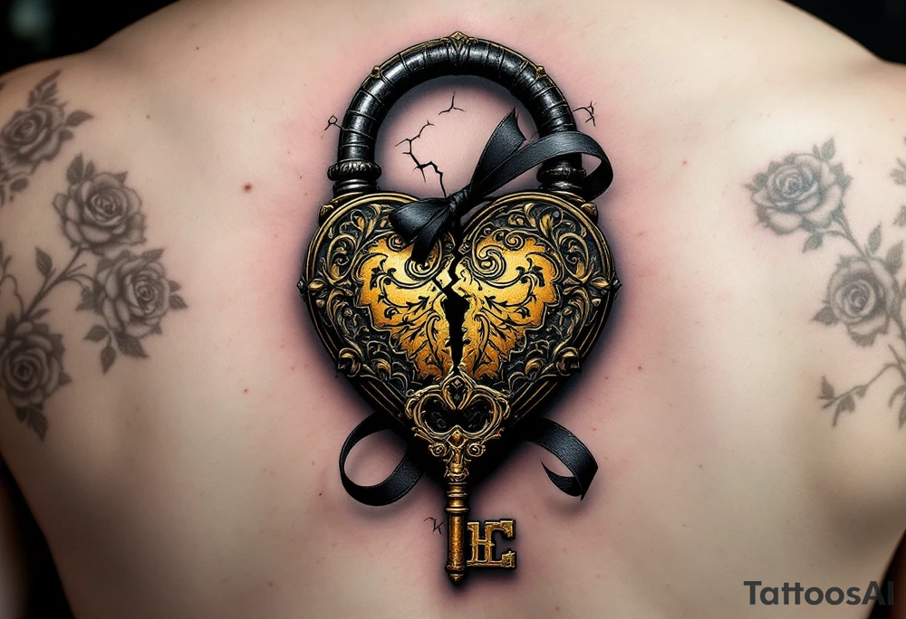 A vintage heart-shaped lock with intricate baroque detailing, cracked slightly at the center, paired with a rusted skeleton key wrapped in a thin black ribbon. The lock is shaded in antique gold and deep bronze, while the key has accents of dark silver and aged steel. Set against a soft shadow background with subtle roses or filigree placed on a calf. tattoo idea