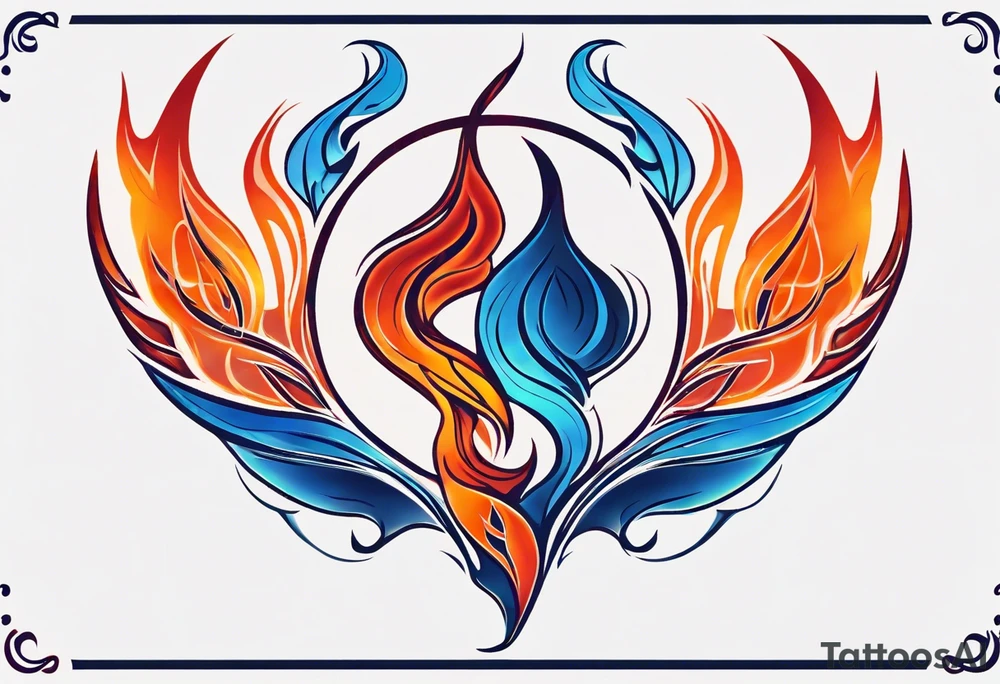 Twin flame symbol. Tattoo should be the size of a half dollar. Symbol should be minimalistic and have clean lines. Give it fire. Straight clean line border around the fire. Fire color is blue intertwined with orange and red. tattoo idea