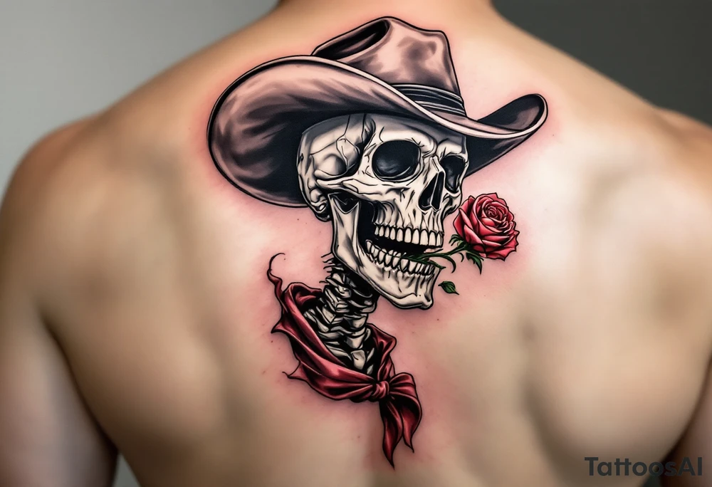 a full body skeleton cowboy with a rose in his mouth. tattoo idea