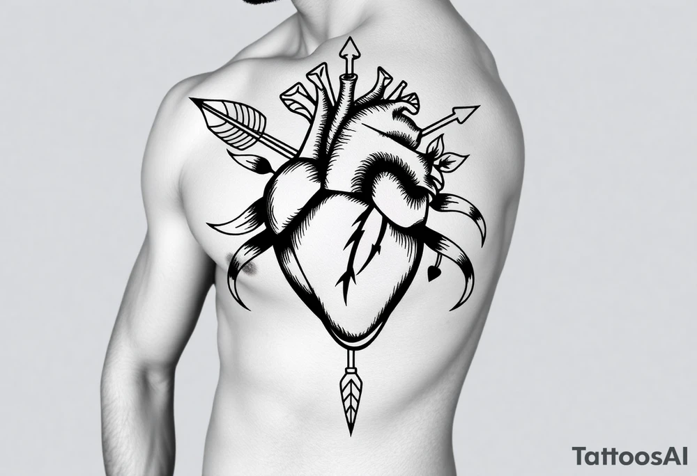 anatomical heart pierced by ornate arrow with flowing ribbons tattoo idea