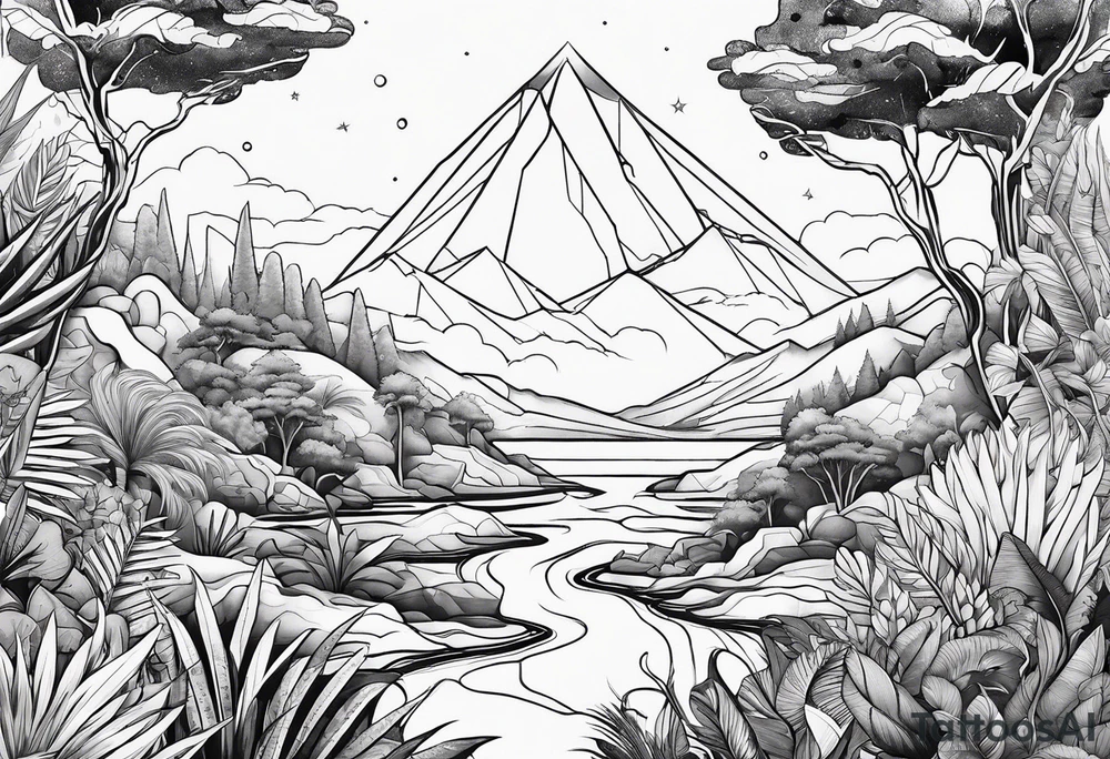 abstract line of jungle and space tattoo idea