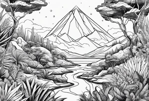 abstract line of jungle and space tattoo idea