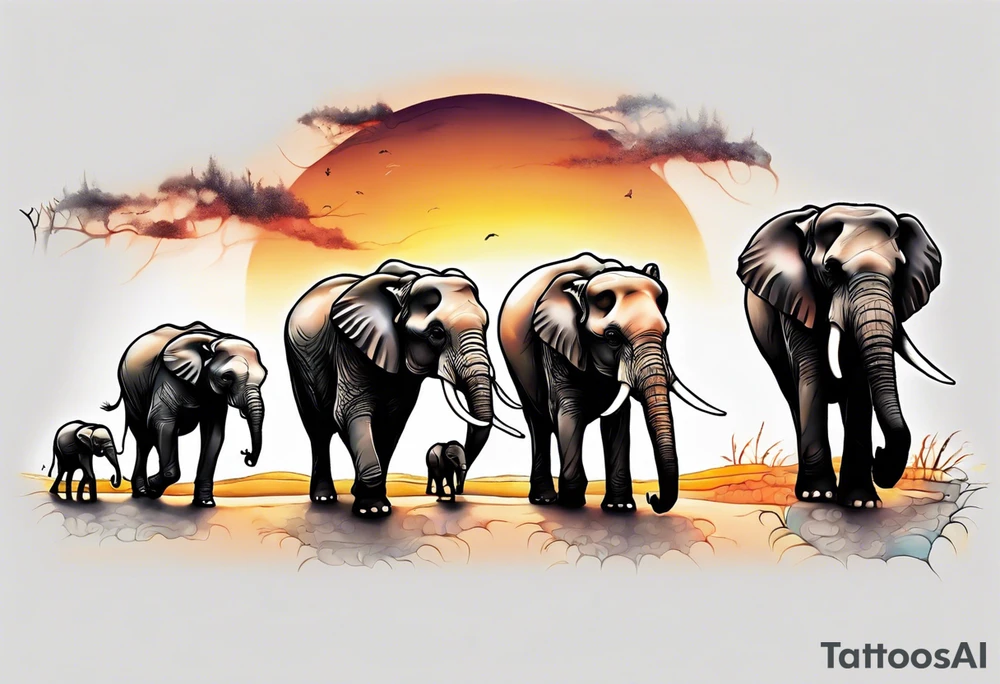 family of 6 elephants walking into sunset tattoo idea