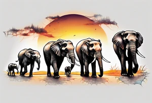 family of 6 elephants walking into sunset tattoo idea