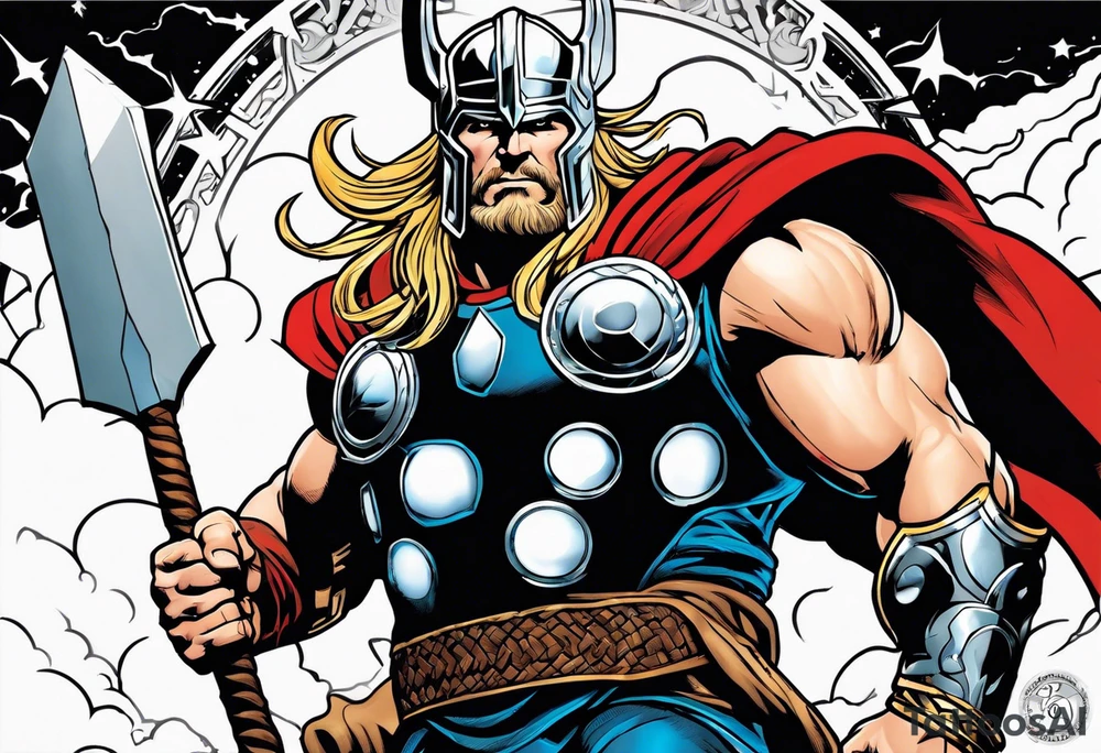 The Mighty Thor from comics in the 1980's with a vignette in the background tattoo idea