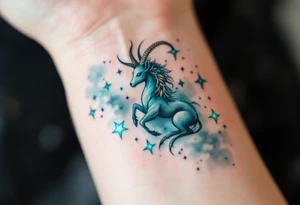 This Capricorn design features glowing teal stars across a smoky watercolor background for a mysterious edge. tattoo idea