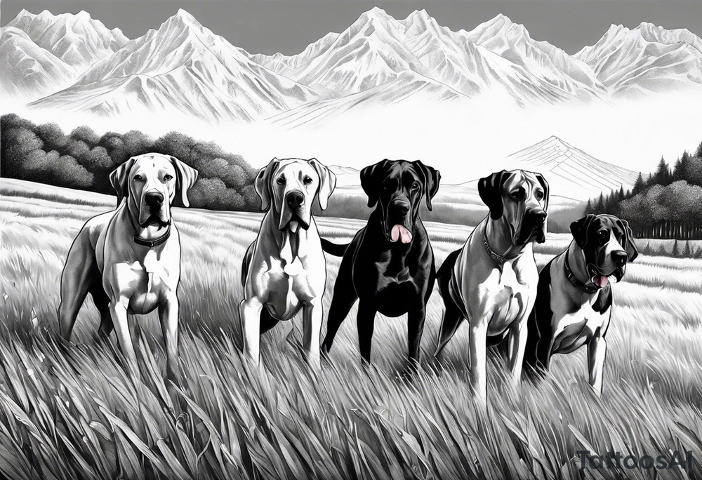 full arm sleeve. Rolling fields and Tennessee mountains with (4) Four Great Dane dogs running together in the field tattoo idea