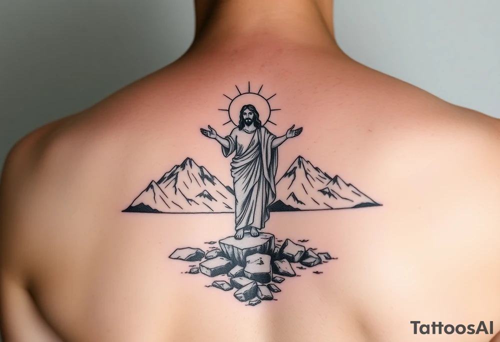 Jesus walking on water with mountains around and two angels looking over him tattoo idea