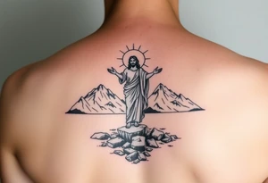 Jesus walking on water with mountains around and two angels looking over him tattoo idea