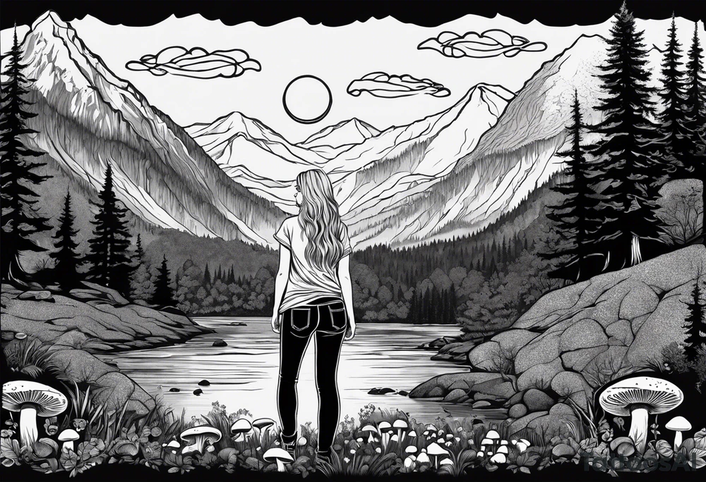 Whole picture encircled fully

Straight long blonde hair hippie girl in distance holding mushrooms in hand facing away toward mountains and creek surrounded by mushrooms tee shirt and hiking pants; whole rendering within a full circle, no cut off circle tattoo idea