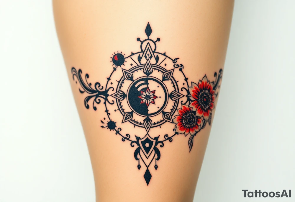 Milky way galaxy with planets with zodiac symbols and protection runes in it with red roses and sunflowers tattoo idea